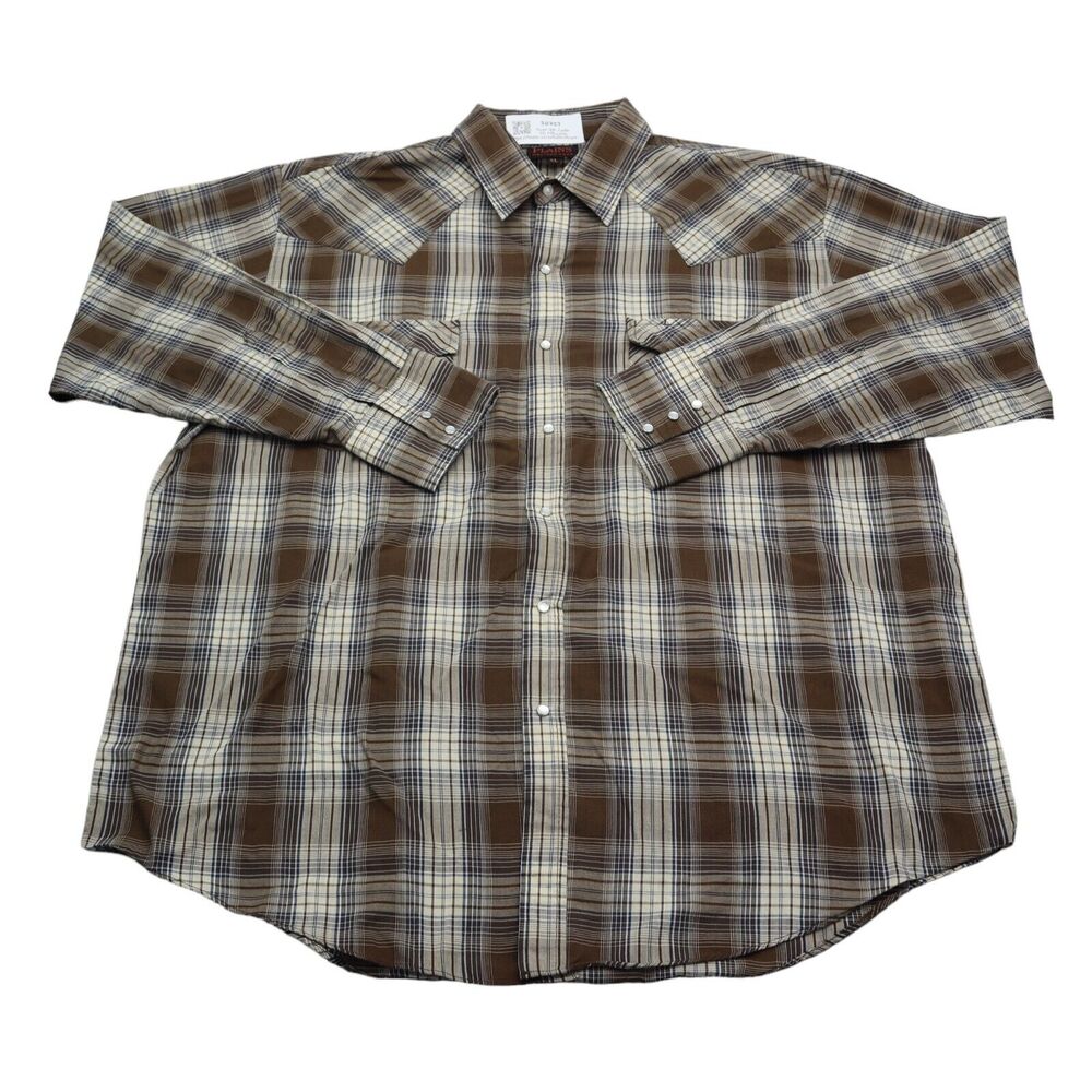 Plains Western Wear Shirt Mens XL Brown Plaid Pearl Snaps Cowboy Long Sleeve